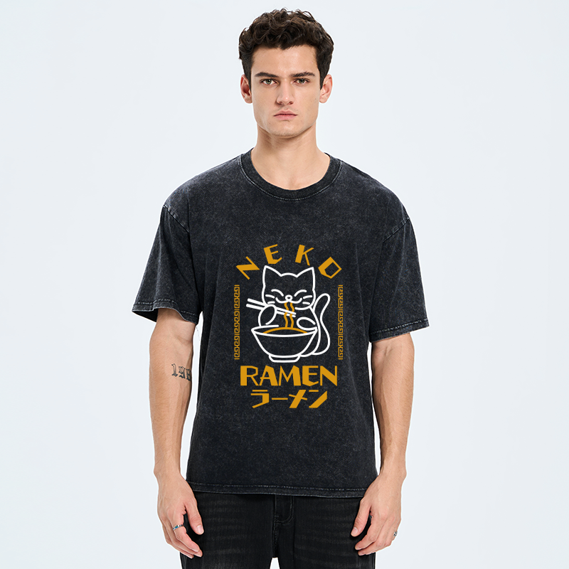 Kyoto-Lion Cat Obsessed With Ramen Washed T-Shirt