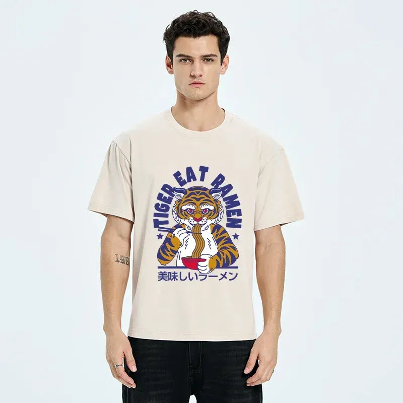 Kyoto-Lion Funny Tiger Eating Ramen Washed T-Shirt