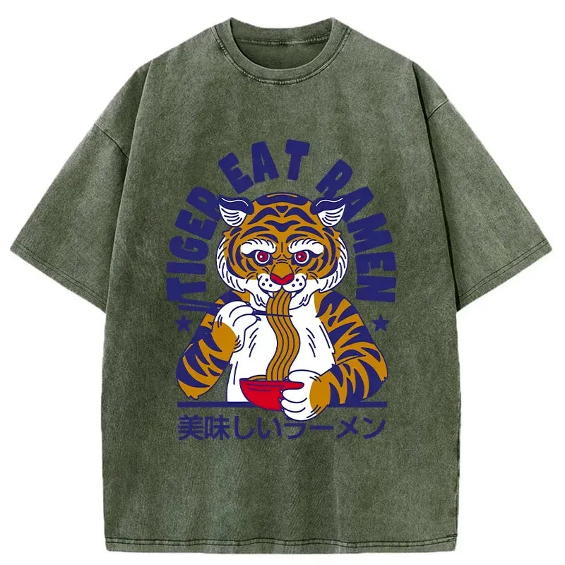 funny tiger eating ramen washed t-shirt