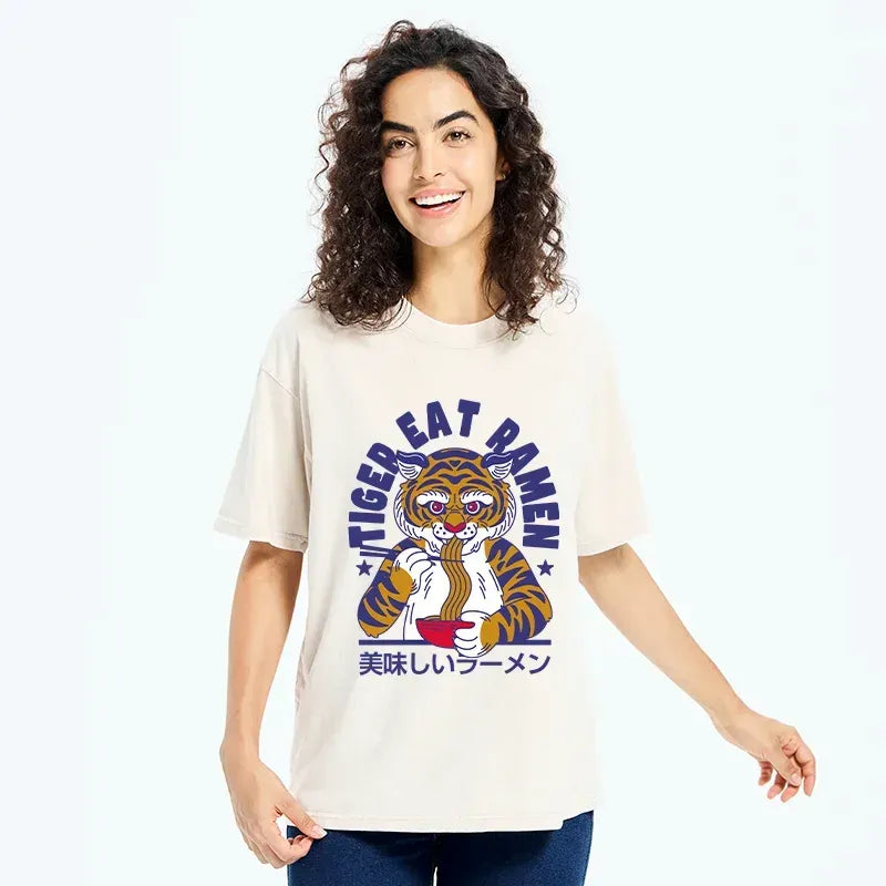 funny tiger eating ramen washed t-shirt