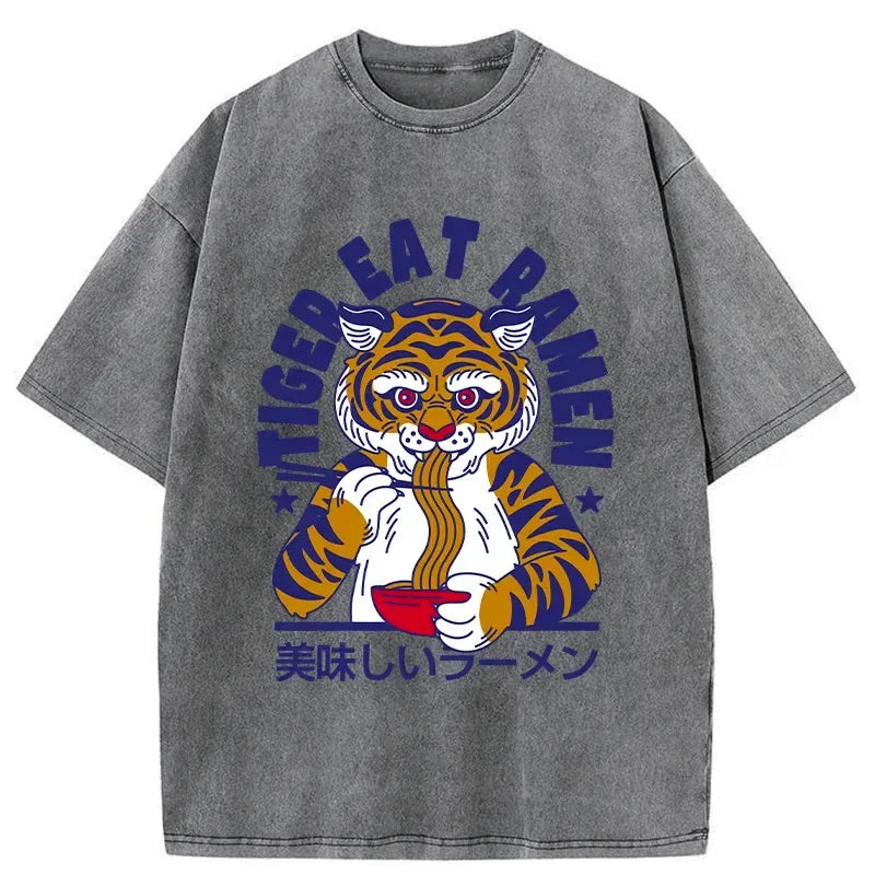 funny tiger eating ramen washed t-shirt