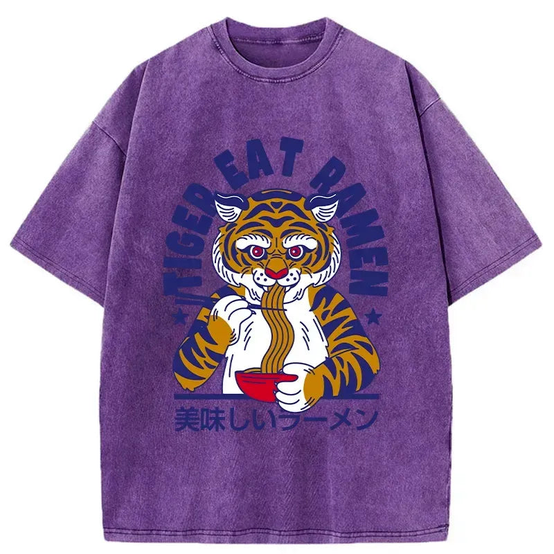 Kyoto-Lion Funny Tiger Eating Ramen Washed T-Shirt