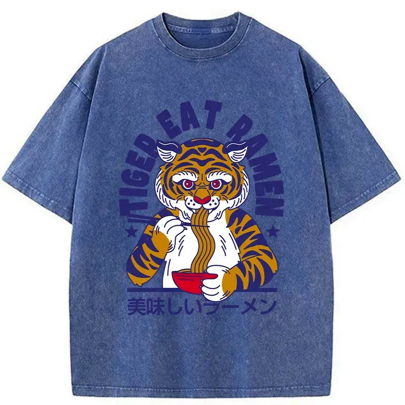 funny tiger eating ramen washed t-shirt