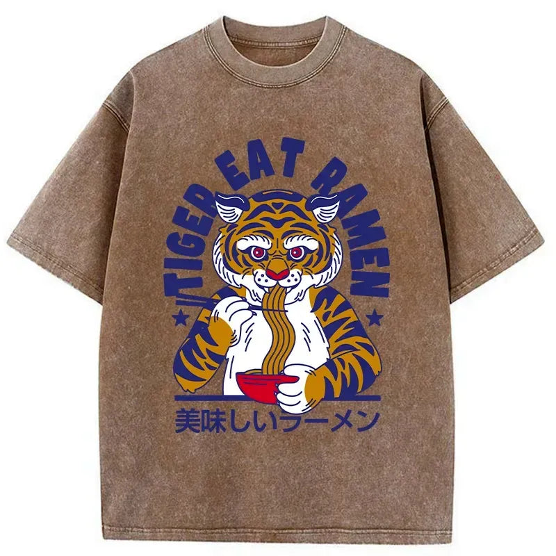 Kyoto-Lion Funny Tiger Eating Ramen Washed T-Shirt
