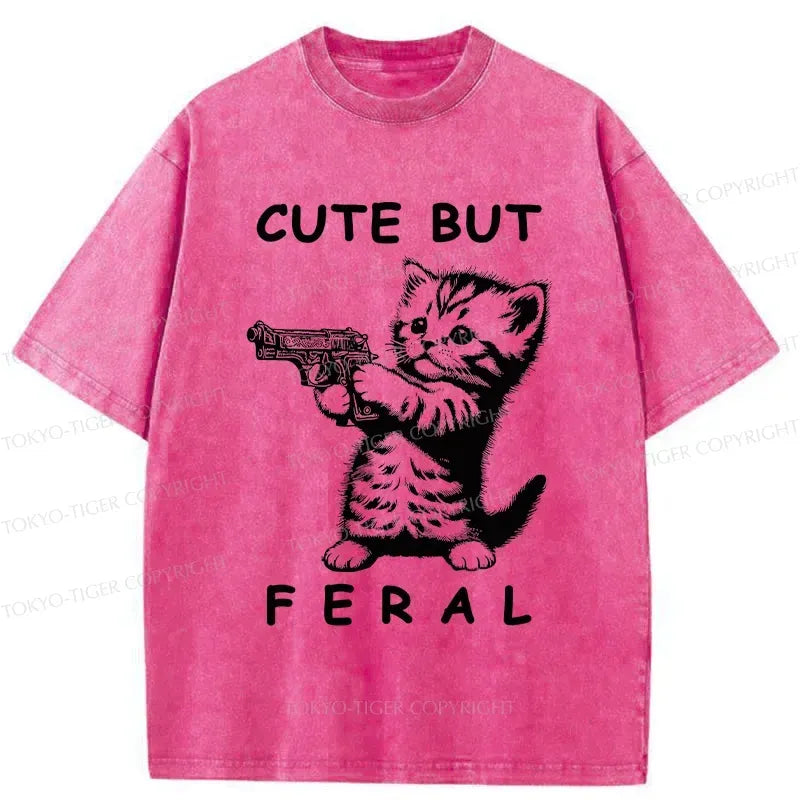 Japanese Ferocious Cat Washed T-Shirt