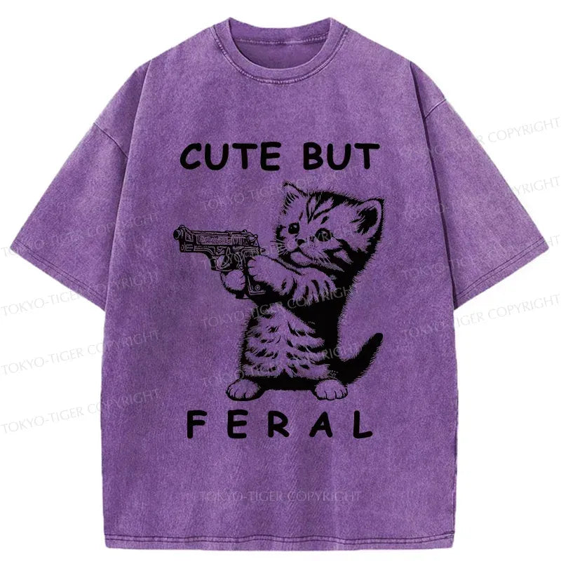 Japanese Ferocious Cat Washed T-Shirt