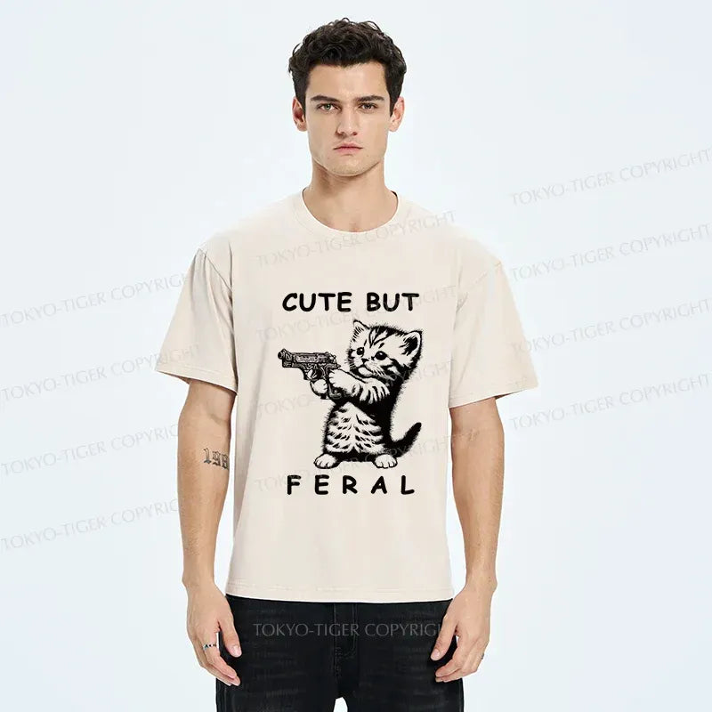 Japanese Ferocious Cat Washed T-Shirt