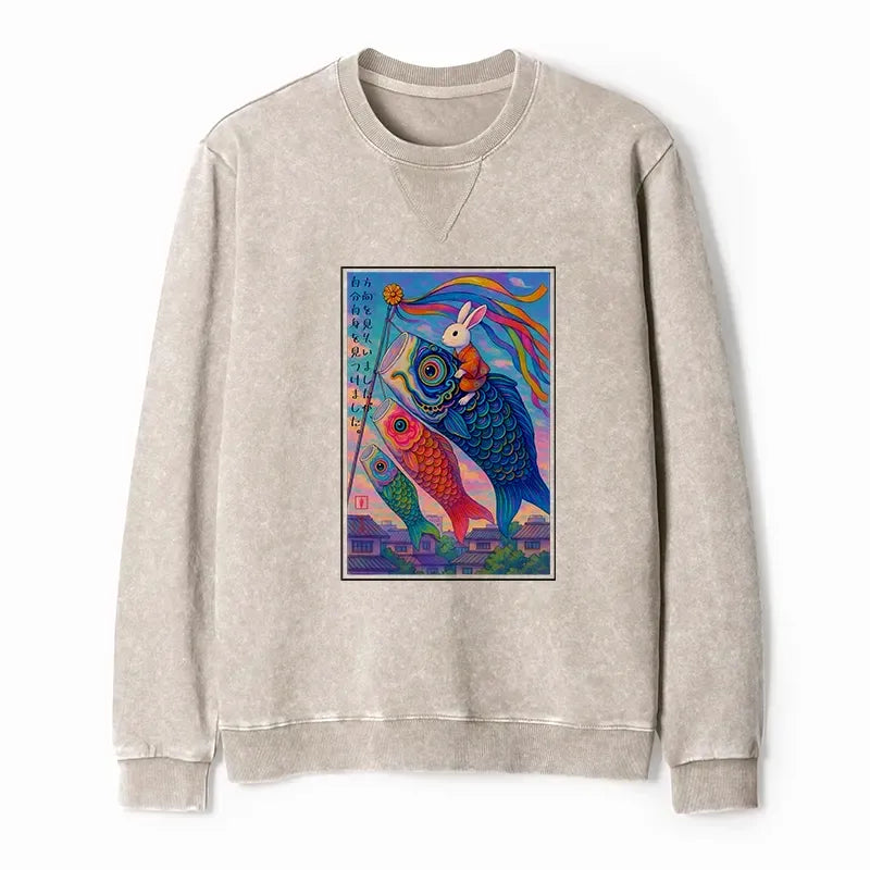Kyoto-Lion Ukiyoe Rabbit Ride Carp Streamer Poster Washed Terry Sweatshirt