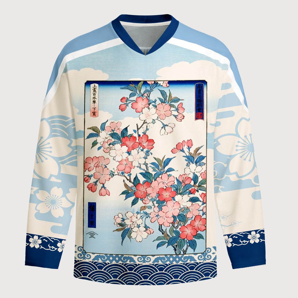 Kyoto-Lion Japanese Sakura Floral Long-Sleeve Hockey Jersey