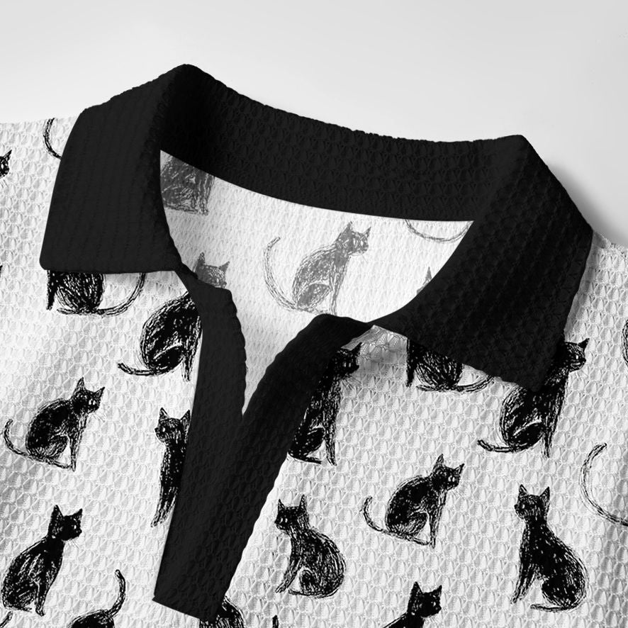 Japanese Black Cat White Polo Shirt