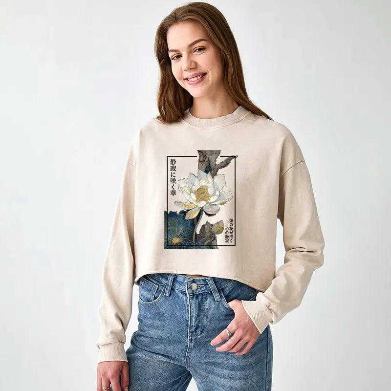 Kyoto-Lion Blooming Lotus Japan Washed Crop Sweatshirt