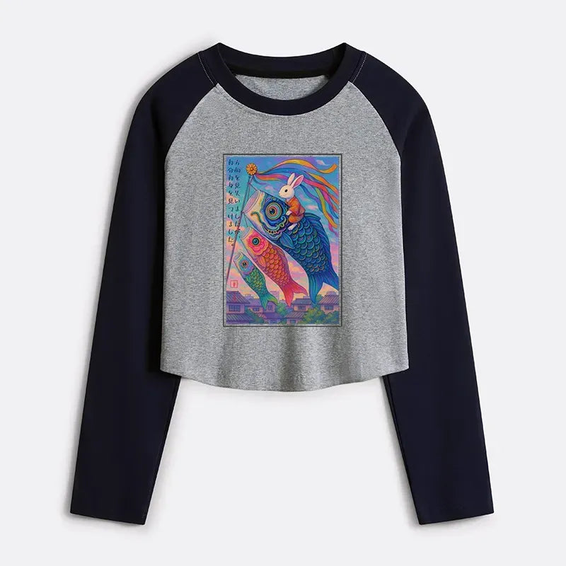 Kyoto-Lion Ukiyoe Rabbit Ride Carp Streamer Poster Women's Crop Raglan T-Shirt