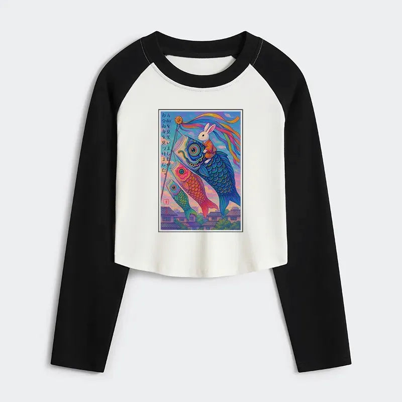Kyoto-Lion Ukiyoe Rabbit Ride Carp Streamer Poster Women's Crop Raglan T-Shirt