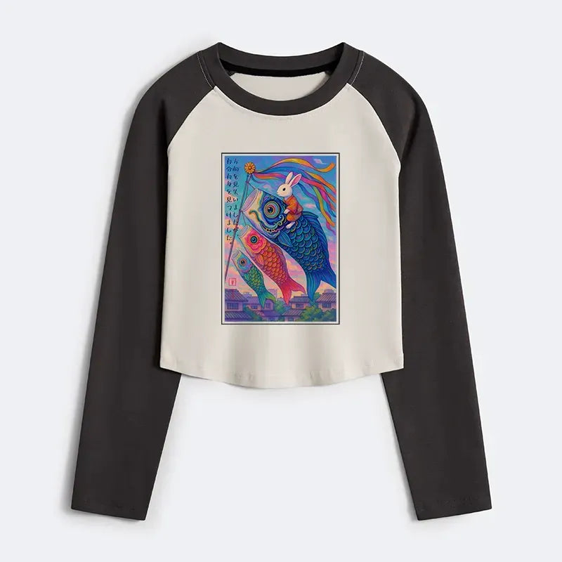 Ukiyoe Rabbit Crop Raglan T-Shirt for Summer