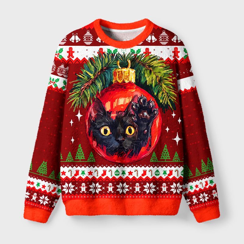 Kyoto-Lion Black Cat In Christmas Ornament Fuzzy Christmas Ugly Sweatshirt
