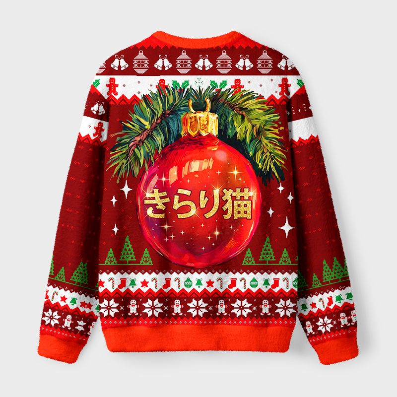 Kyoto-Lion Black Cat In Christmas Ornament Fuzzy Christmas Ugly Sweatshirt