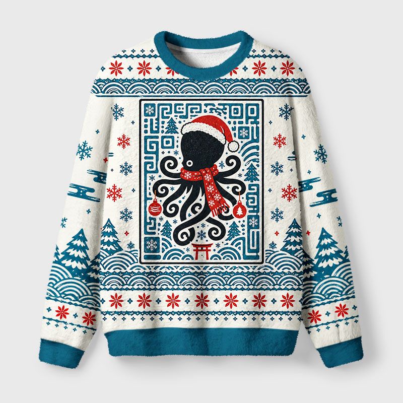 Kyoto-Lion Block Print Christmas Octopus Fuzzy Christmas Ugly Sweatshirt