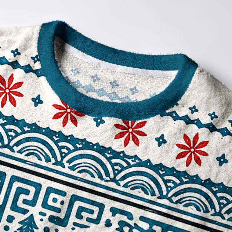 Kyoto-Lion Block Print Christmas Octopus Fuzzy Christmas Ugly Sweatshirt