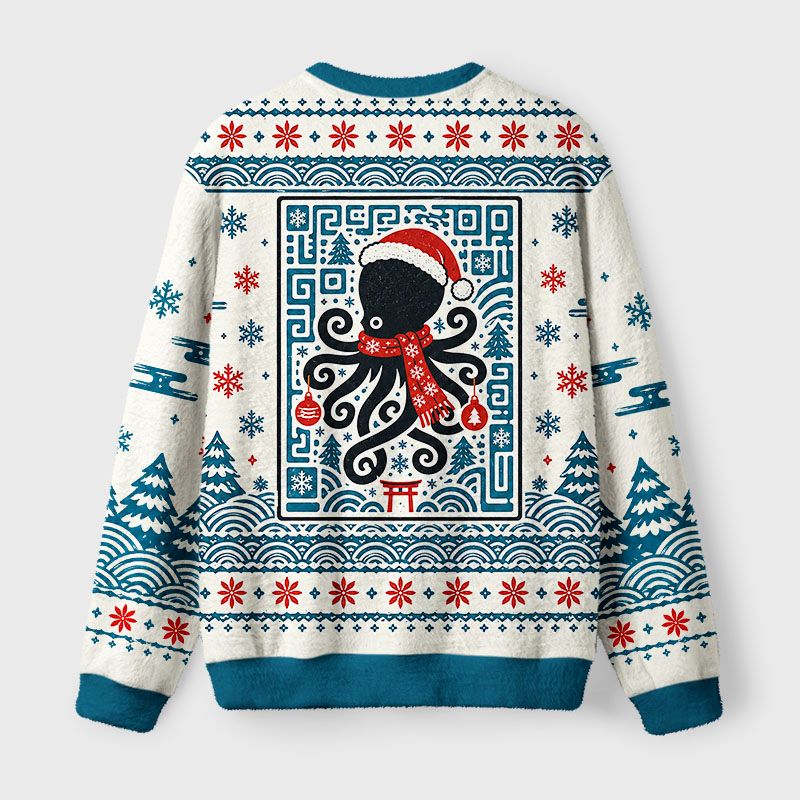 Kyoto-Lion Block Print Christmas Octopus Fuzzy Christmas Ugly Sweatshirt