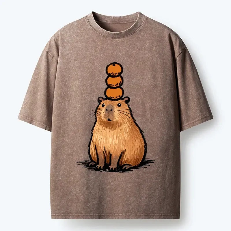 Kyoto-Lion Funny Capybara Orange Meme Washed T-Shirt