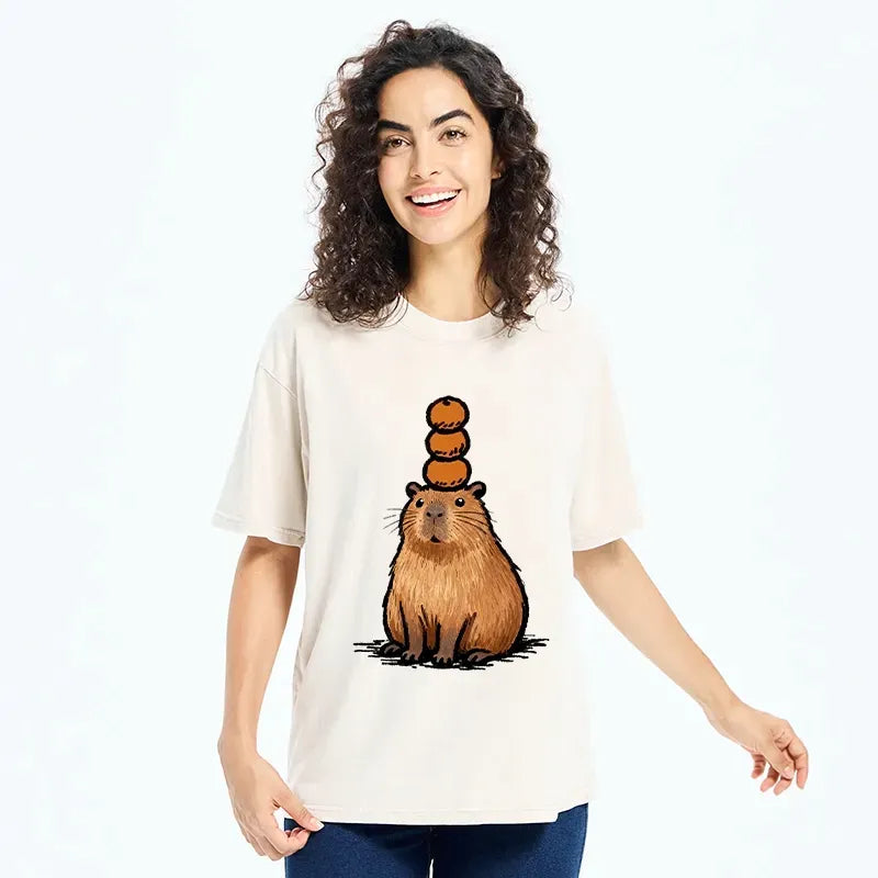 Kyoto-Lion Funny Capybara Orange Meme Washed T-Shirt