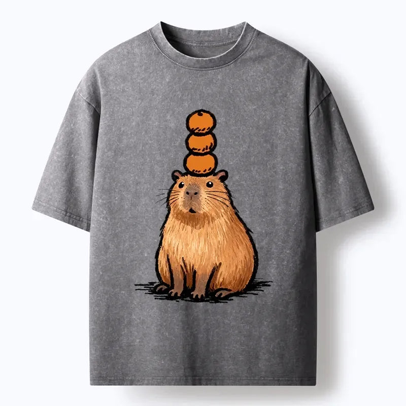 Kyoto-Lion Funny Capybara Orange Meme Washed T-Shirt