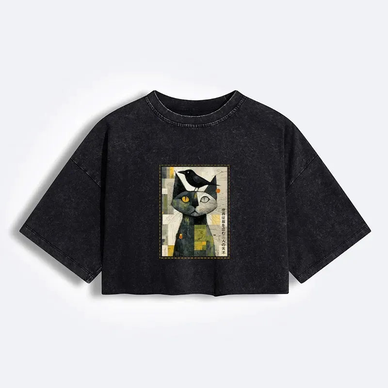 Japanese Vintage Cat Crow Crop T-Shirt for Women