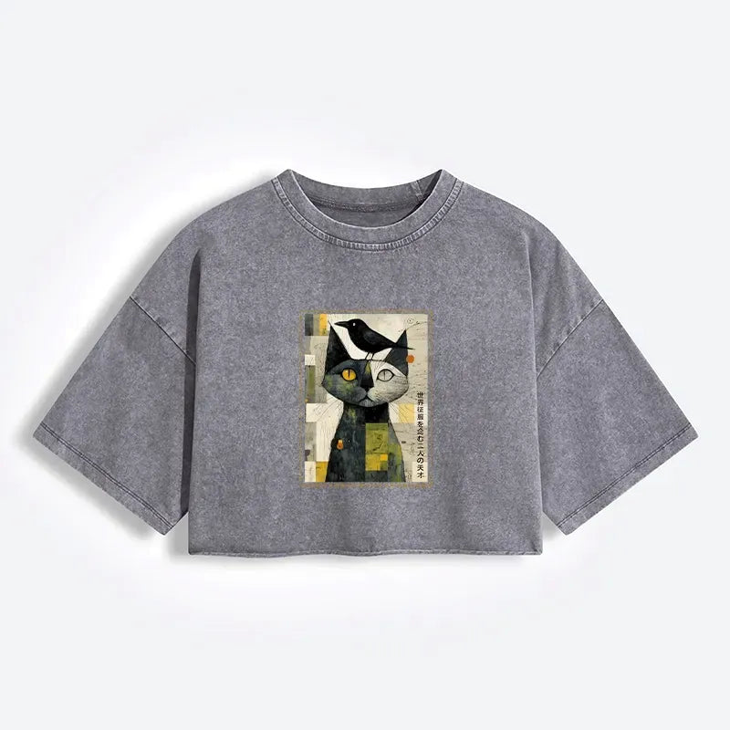 Kyoto-Lion The Cat And The Crow Are Planning To Rule The World Women's Washed Crop T-Shirt