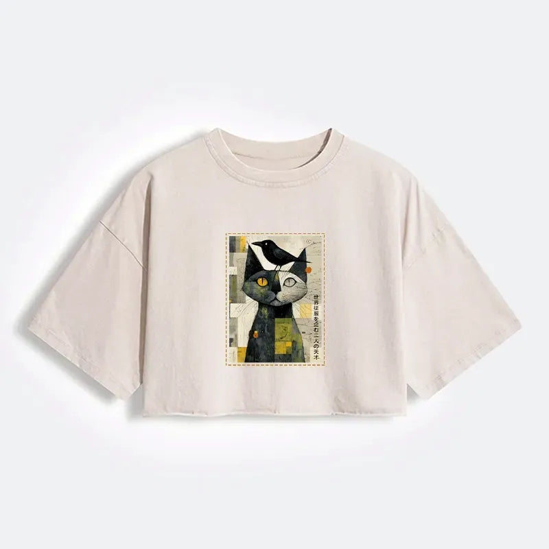 Kyoto-Lion The Cat And The Crow Are Planning To Rule The World Women's Washed Crop T-Shirt