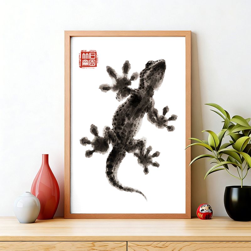 Kyoto-Lion Minimal Asian Ink Brush Gecko Vibe Wall Art Poster