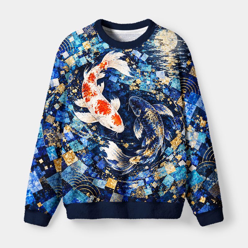 Kyoto-Lion Blue Gold Koi Fish Fuzzy Christmas Ugly Sweatshirt