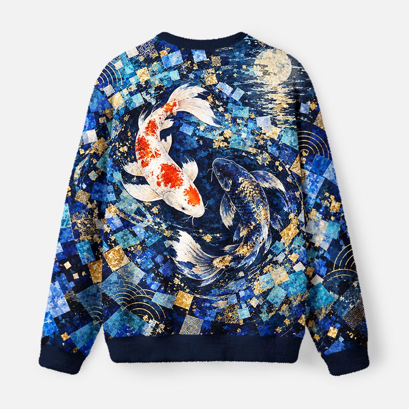 Kyoto-Lion Blue Gold Koi Fish Fuzzy Christmas Ugly Sweatshirt