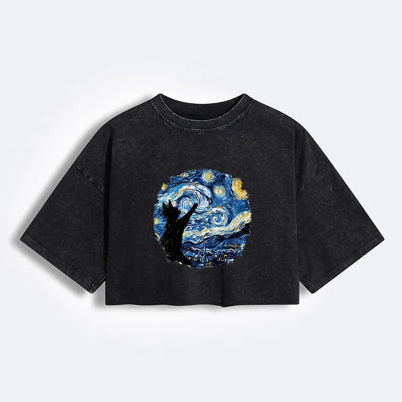 Kyoto-Lion Starry Night Black Cat Women's Washed Crop T-Shirt