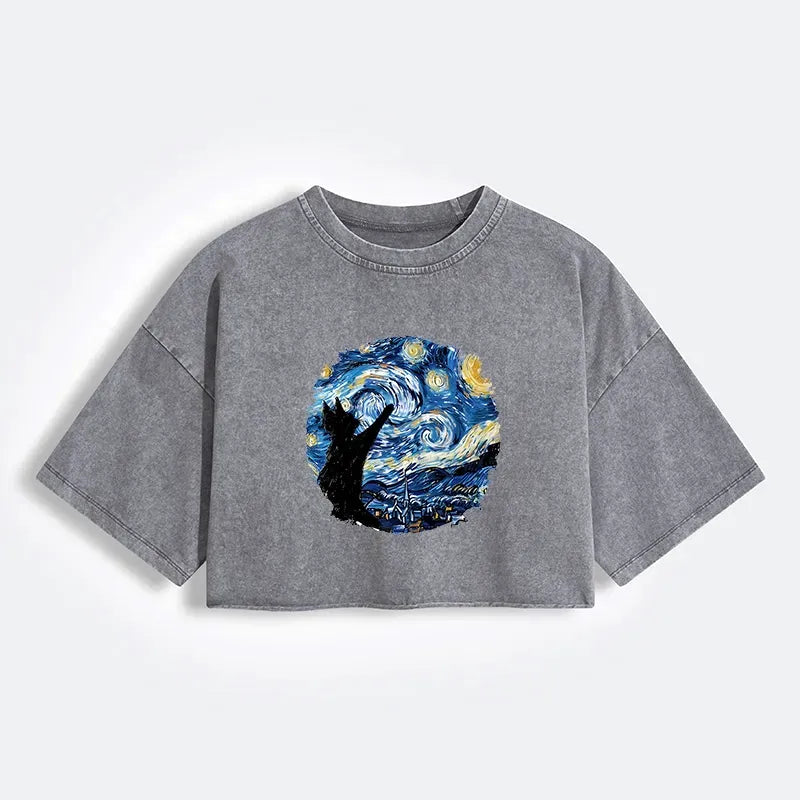 Kyoto-Lion Starry Night Black Cat Women's Washed Crop T-Shirt