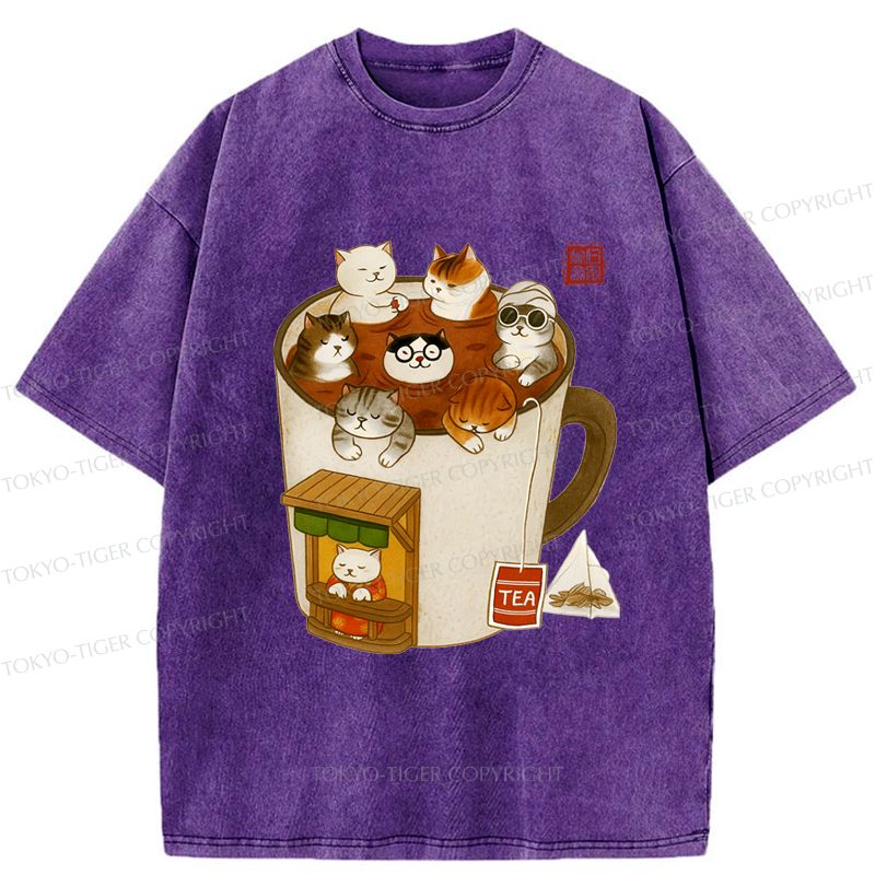 Japanese Washed Cat T-Shirt for Streetwear