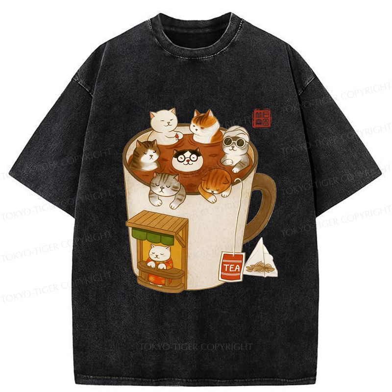 Kyoto-Lion Funny Cat Brewing Tea Washed T-Shirt