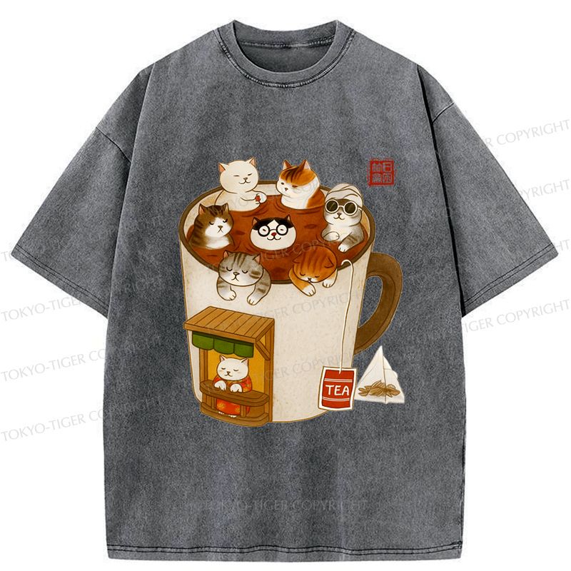 Japanese Washed Cat T-Shirt for Streetwear