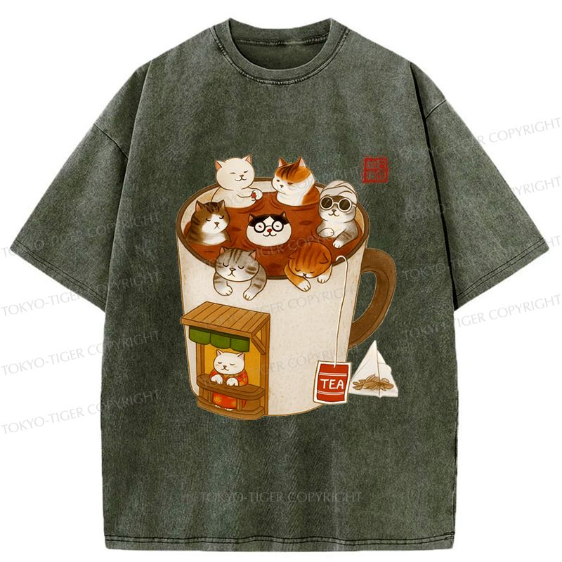 Kyoto-Lion Funny Cat Brewing Tea Washed T-Shirt