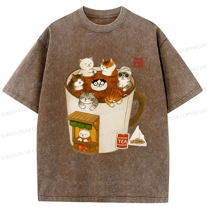 Kyoto-Lion Funny Cat Brewing Tea Washed T-Shirt