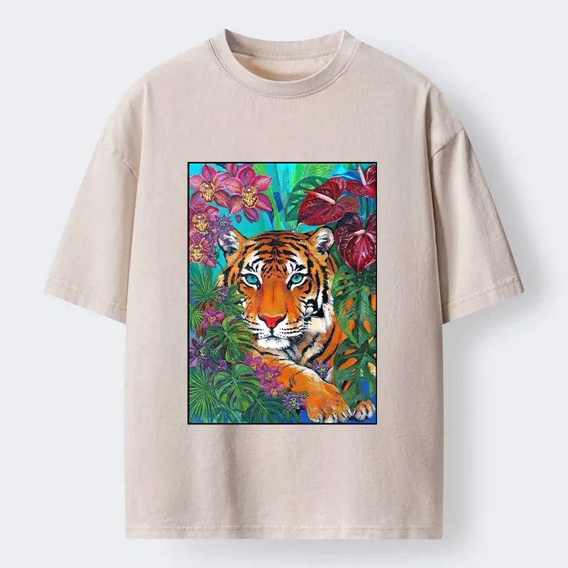 Kyoto-Lion Floral Tiger Portrait Washed T-Shirt