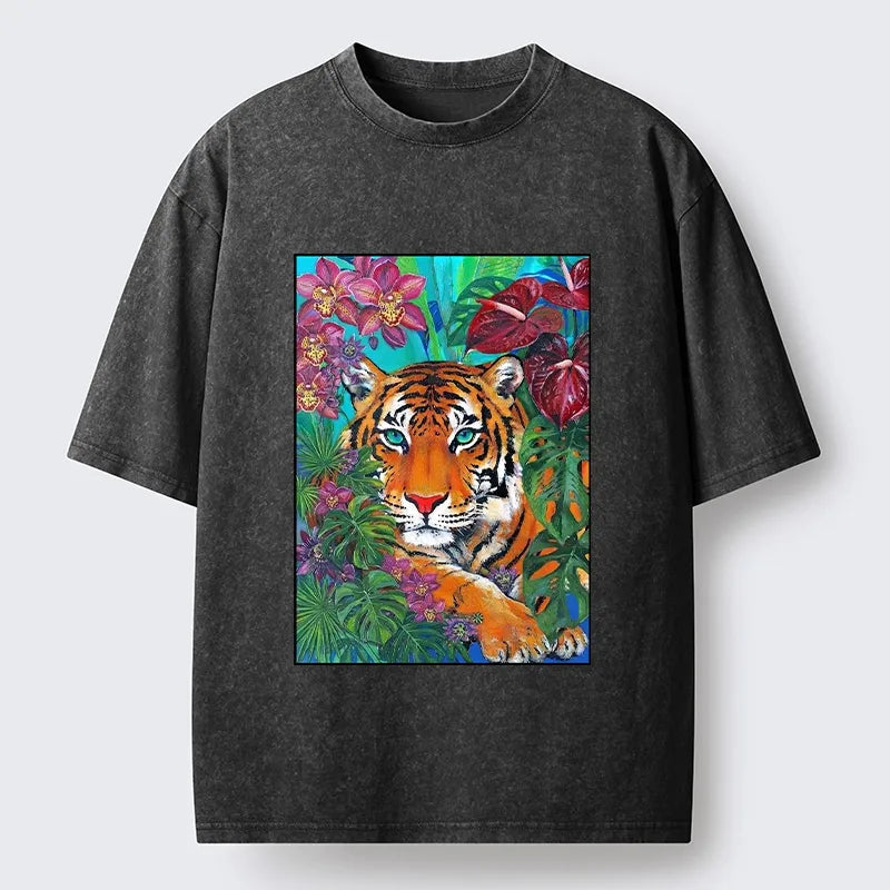 Kyoto-Lion Floral Tiger Portrait Washed T-Shirt