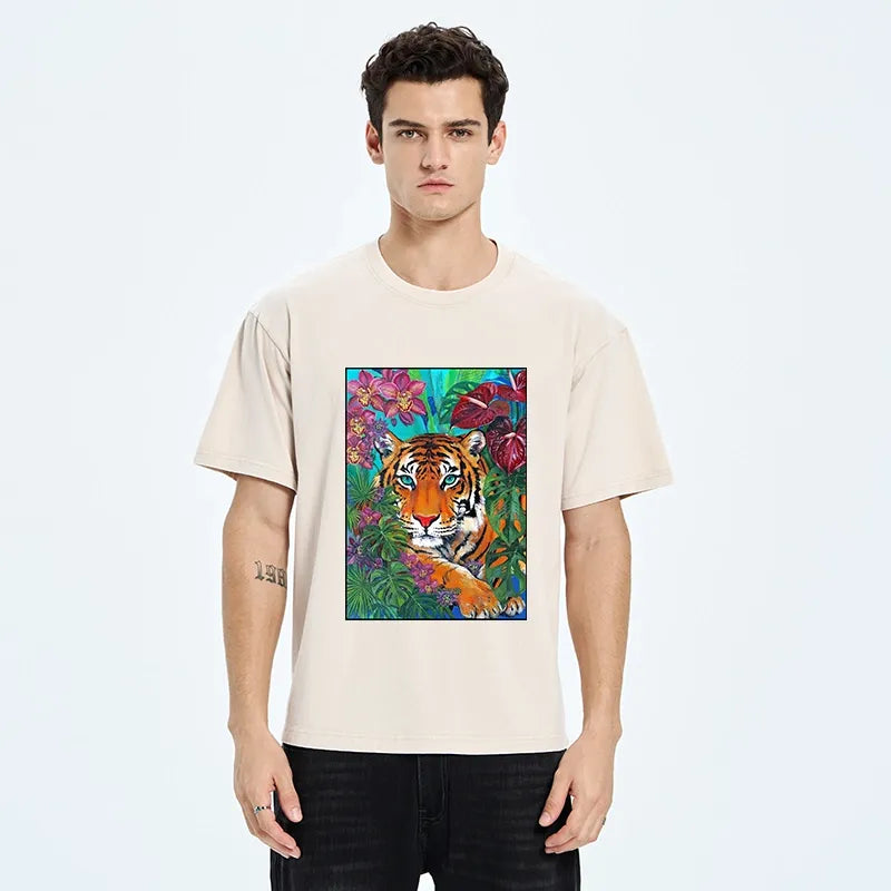 Kyoto-Lion Floral Tiger Portrait Washed T-Shirt