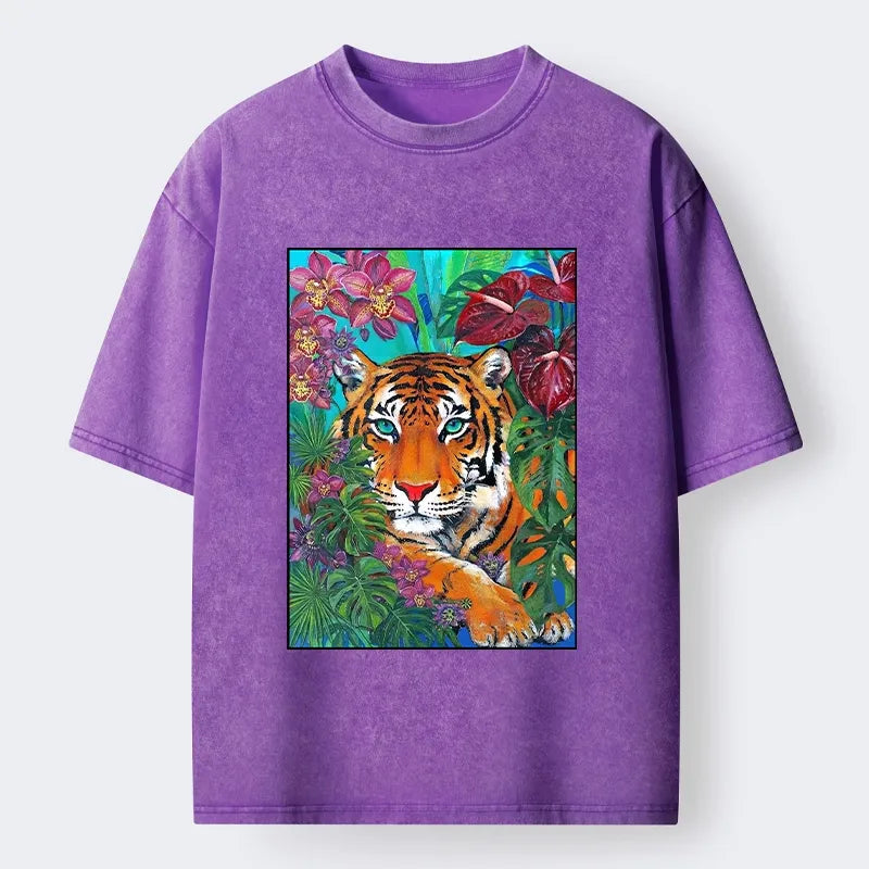Kyoto-Lion Floral Tiger Portrait Washed T-Shirt