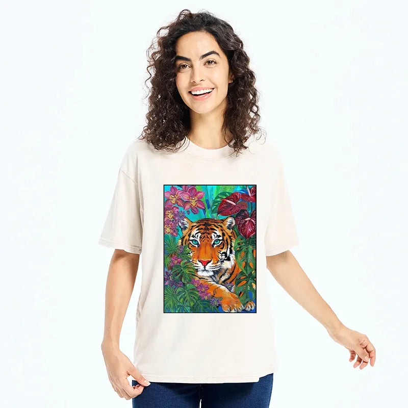 Kyoto-Lion Floral Tiger Portrait Washed T-Shirt
