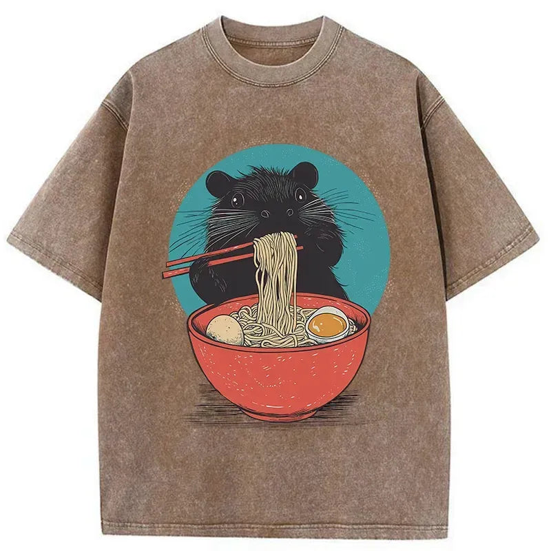 Kyoto-Lion Hamster Eating Ramen Washed T-Shirt