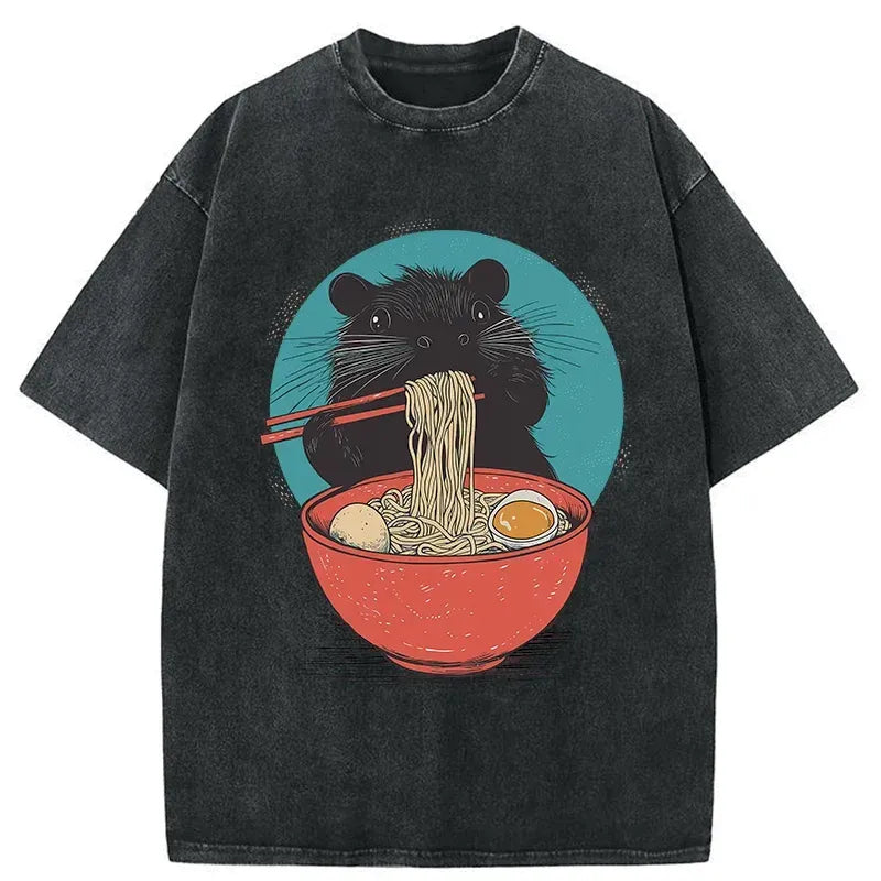 Kyoto-Lion Hamster Eating Ramen Washed T-Shirt