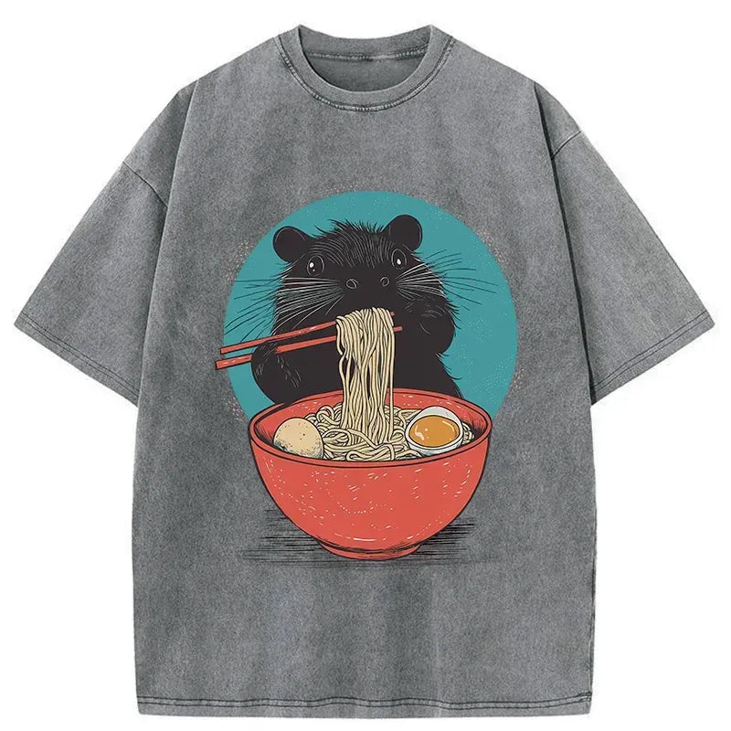 Kyoto-Lion Hamster Eating Ramen Washed T-Shirt