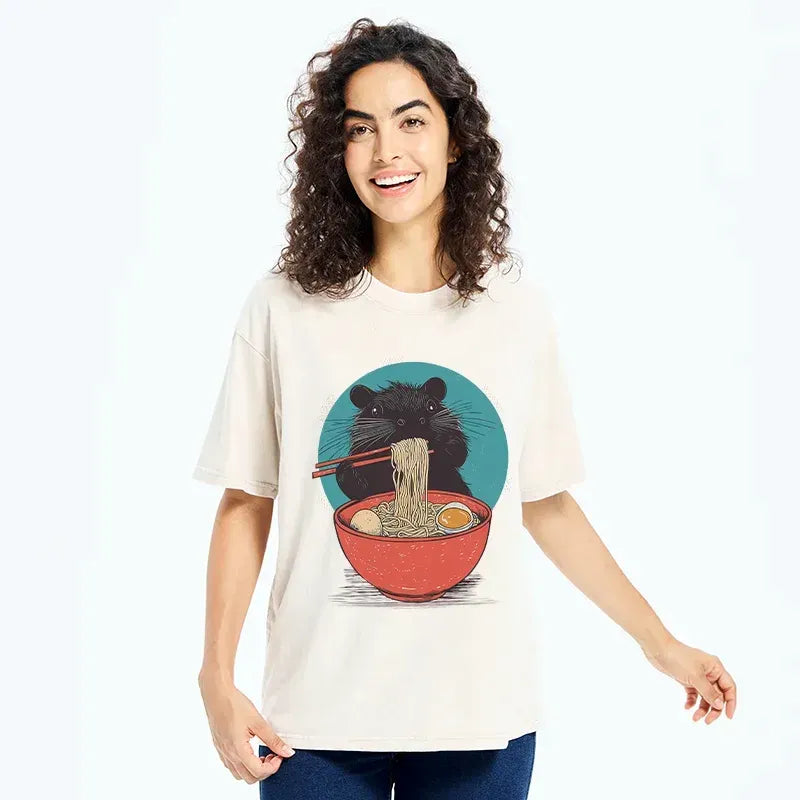 Kyoto-Lion Hamster Eating Ramen Washed T-Shirt