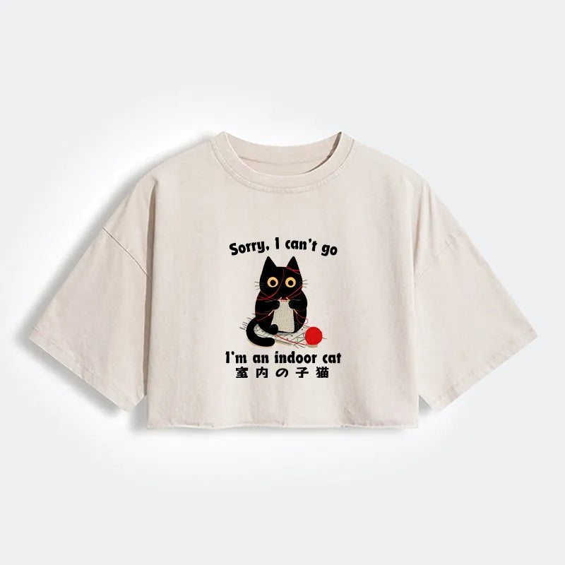 Kyoto-Lion Indoor Cat Meme Women's Washed Crop T-Shirt