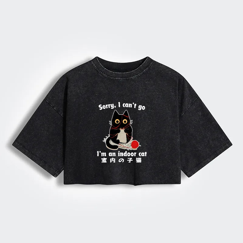Kyoto-Lion Indoor Cat Meme Women's Washed Crop T-Shirt